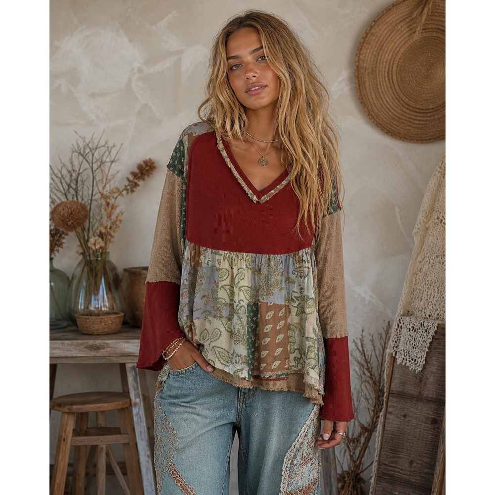 POL Patchwork Paisley Thermal Top Sweater Small Red V-Neck Waffle Knit Top Boho